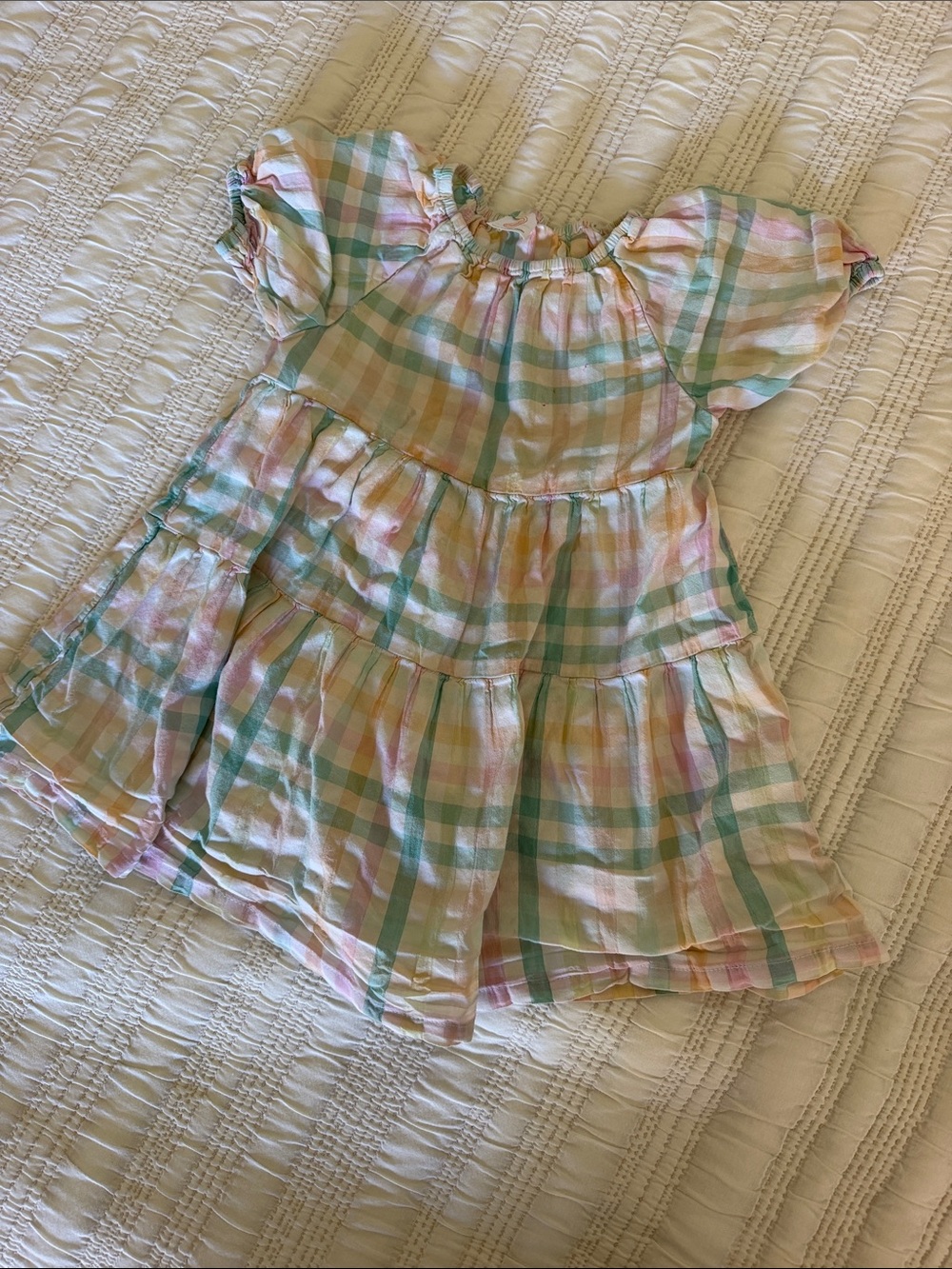 Girls Pastel Plaid Tiered Dress - Pink, Green, Cream